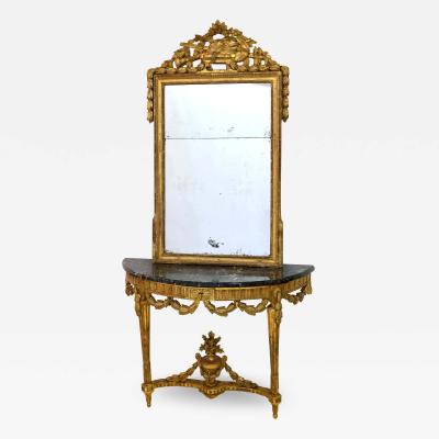 1750s Louis Seize XVI Golden Console Table with Marble and original Mirror