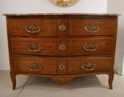 1770s Bow Front French Provincial Marquetry Commode in Solid Walnut Marble Top