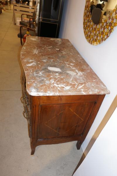 1770s Bow Front French Provincial Marquetry Commode in Solid Walnut Marble Top