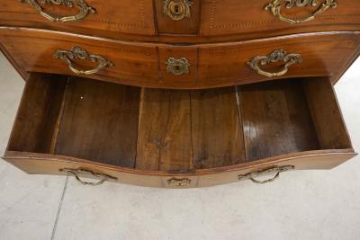 1770s Bow Front French Provincial Marquetry Commode in Solid Walnut Marble Top