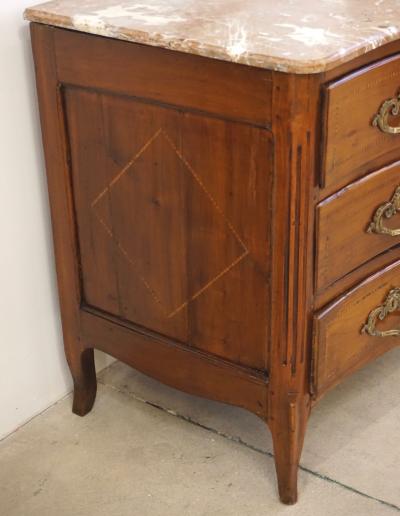 1770s Bow Front French Provincial Marquetry Commode in Solid Walnut Marble Top