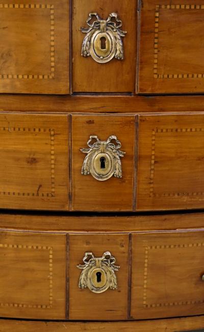 1770s Bow Front French Provincial Marquetry Commode in Solid Walnut Marble Top