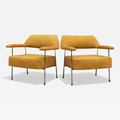 Joaquim Tenreiro Brazilian Modern Pair of Armchairs in Metal Nubuck Leather Lot 322