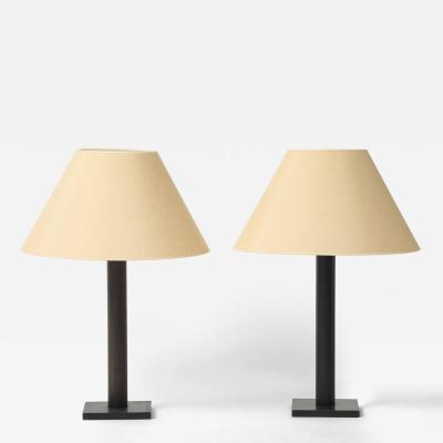 Lance Thompson Lance Thompson Bronze Patina Custom Made Metal Column Lamps Custom Silk Shade