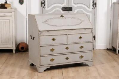 1790s Scandinavian Slant Front Desk with Carved Panel and Four Drawers