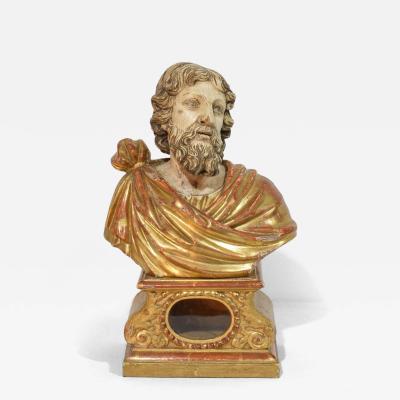 17th 18th Century Italian Hand carved Wooden Reliquary Bust of a Saint