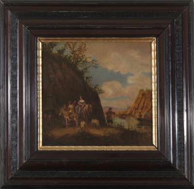 17th C Landscape Painting with Staffage Noblewoman with Squire Oil on Copper