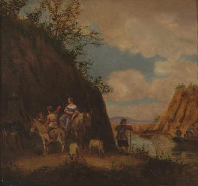 17th C Landscape Painting with Staffage Noblewoman with Squire Oil on Copper