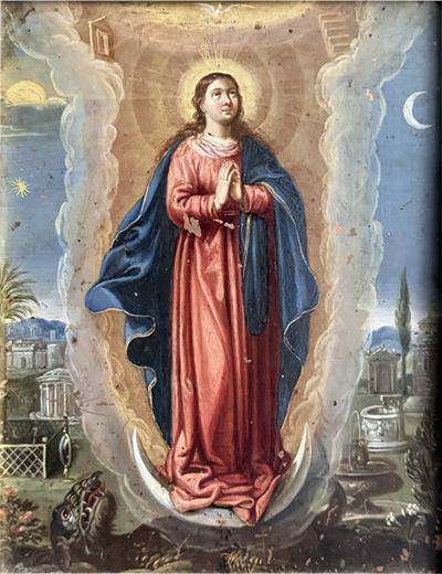 17th Century Dutch School Painting on Copper Madonna on the Crescent Moon