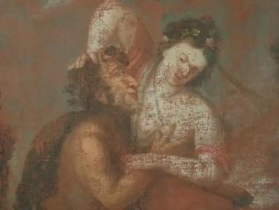 17th Century European Painting Struggle between Satyr Pan and a Woman