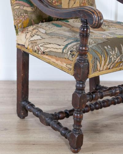 17th Century French Baroque Walnut Spool Armchair with Petit Point Tapestry