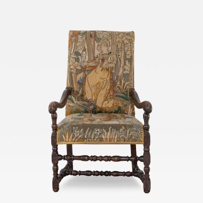 17th Century French Baroque Walnut Spool Armchair with Petit Point Tapestry