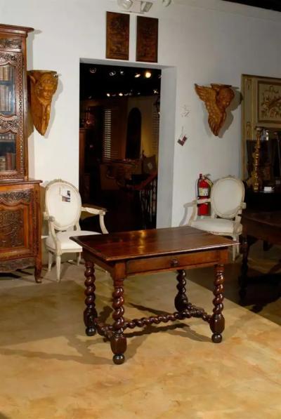 17th Century French Walnut Side Table with Single Drawer and Barley Twist Base