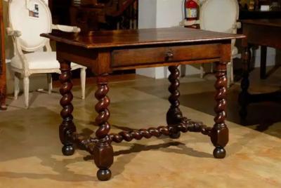 17th Century French Walnut Side Table with Single Drawer and Barley Twist Base