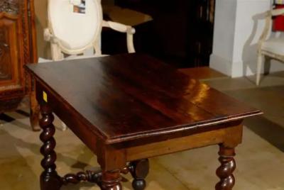 17th Century French Walnut Side Table with Single Drawer and Barley Twist Base