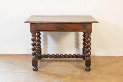 17th Century French Walnut Side Table with Single Drawer and Barley Twist Base