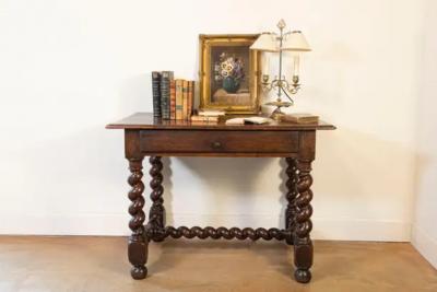 17th Century French Walnut Side Table with Single Drawer and Barley Twist Base