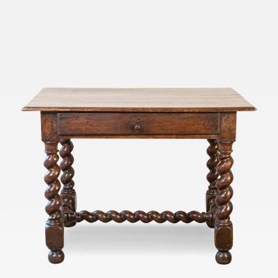 17th Century French Walnut Side Table with Single Drawer and Barley Twist Base