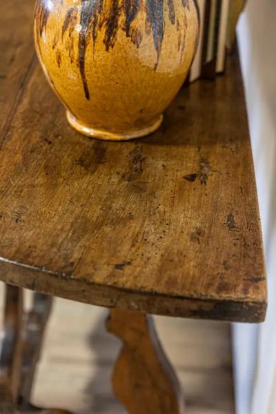 17th Century Italian Baroque Period Walnut Demilune Table with Carved Lyre Base