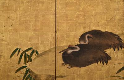 17th Century Japanese Screen Pair Flock of Cranes Ink and color on gold leaf 