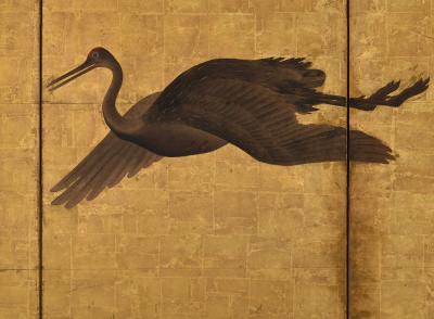 17th Century Japanese Screen Pair Flock of Cranes Ink and color on gold leaf 