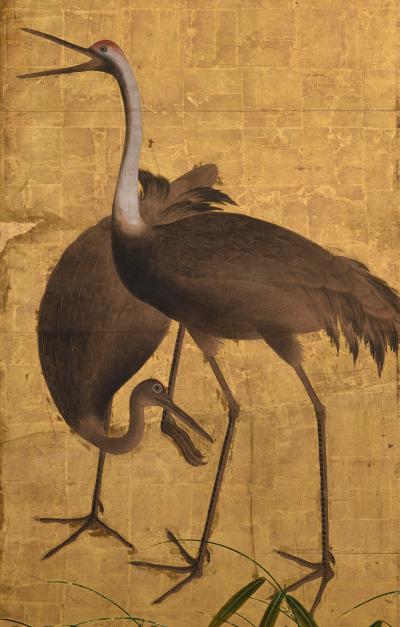 17th Century Japanese Screen Pair Flock of Cranes Ink and color on gold leaf 