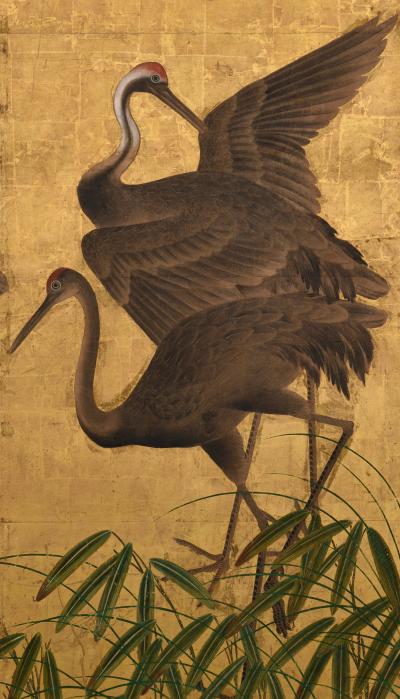 17th Century Japanese Screen Pair Flock of Cranes Ink and color on gold leaf 