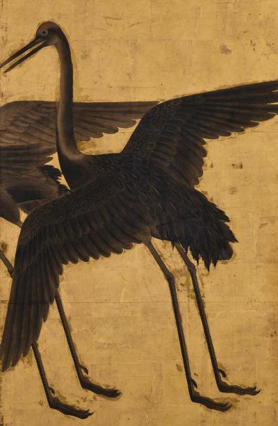 17th Century Japanese Screen Pair Flock of Cranes Ink and color on gold leaf 