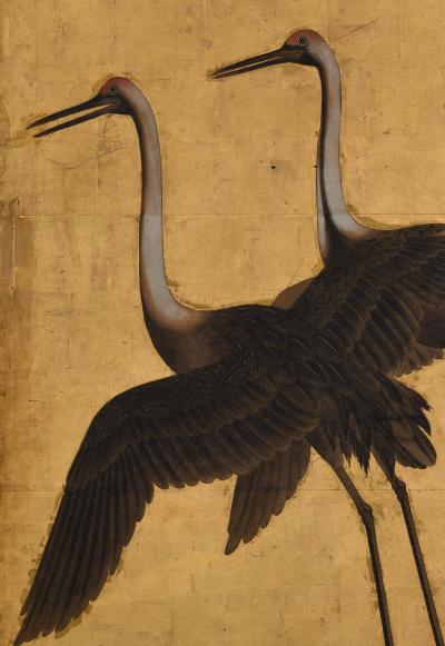 17th Century Japanese Screen Pair Flock of Cranes Ink and color on gold leaf 