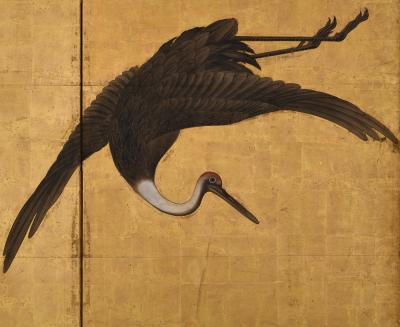 17th Century Japanese Screen Pair Flock of Cranes Ink and color on gold leaf 