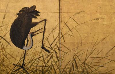 17th Century Japanese Screen Pair Flock of Cranes Ink and color on gold leaf 