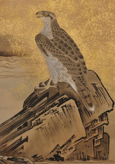 17th Century Japanese Screen Pair Hawks on Plum Pine Soga Nichokuan