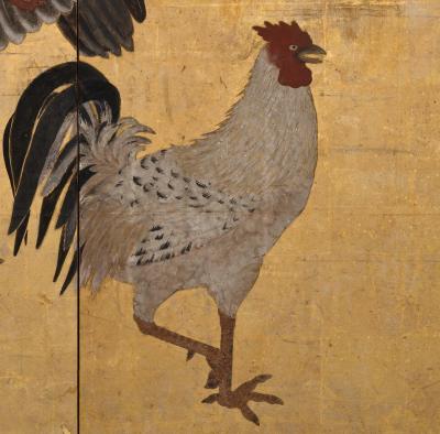 17th Century Japanese Screen Pair Roosters and Chickens in a Bamboo Grove