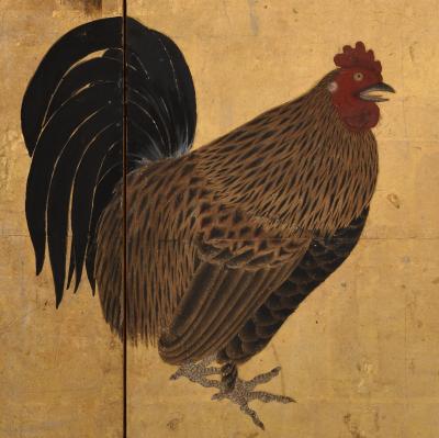 17th Century Japanese Screen Pair Roosters and Chickens in a Bamboo Grove