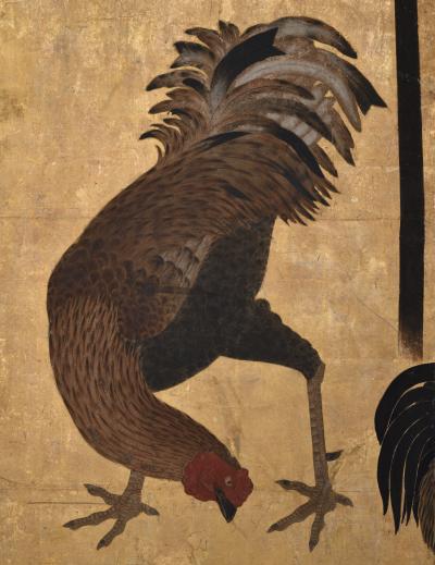 17th Century Japanese Screen Pair Roosters and Chickens in a Bamboo Grove