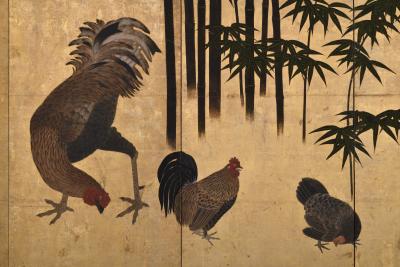 17th Century Japanese Screen Pair Roosters and Chickens in a Bamboo Grove