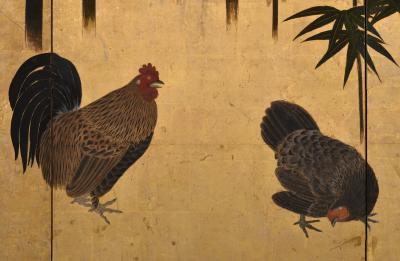 17th Century Japanese Screen Pair Roosters and Chickens in a Bamboo Grove