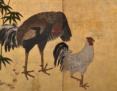17th Century Japanese Screen Pair Roosters and Chickens in a Bamboo Grove