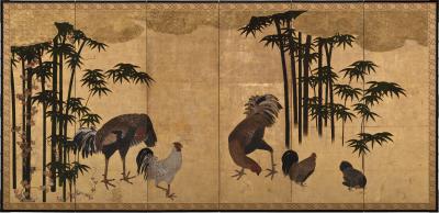 17th Century Japanese Screen Pair Roosters and Chickens in a Bamboo Grove