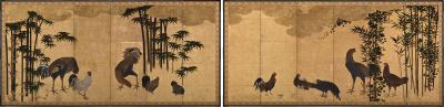 17th Century Japanese Screen Pair Roosters and Chickens in a Bamboo Grove