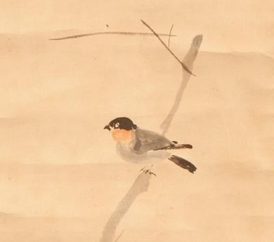 17th Century Japanese Scroll Small Bird on Branch