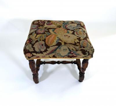 17th Century Louis XIII Oak Stool with Antique Cross Stitch Upholstery