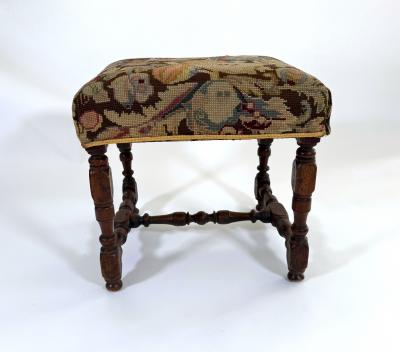 17th Century Louis XIII Oak Stool with Antique Cross Stitch Upholstery
