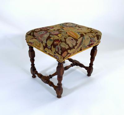 17th Century Louis XIII Oak Stool with Antique Cross Stitch Upholstery