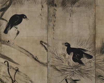 17th Century Momoyama era Crows on Pine Studio of Hasegawa Tohaku
