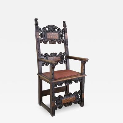 17th Century Renaissance Nutwood Armchair Handcarved Austria ca 1680