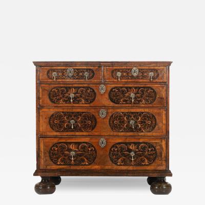 17th c English William Mary Walnut and Ebony Seaweed Marquetry Commode