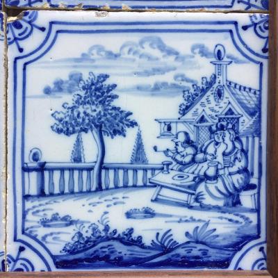 17th century Dutch Delft Tile Panel with Figures in Landscapes