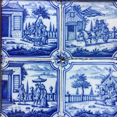 17th century Dutch Delft Tile Panel with Figures in Landscapes