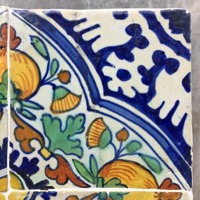 17th century Dutch Delft Tile Panel with Pomegranates consisting of four tiles